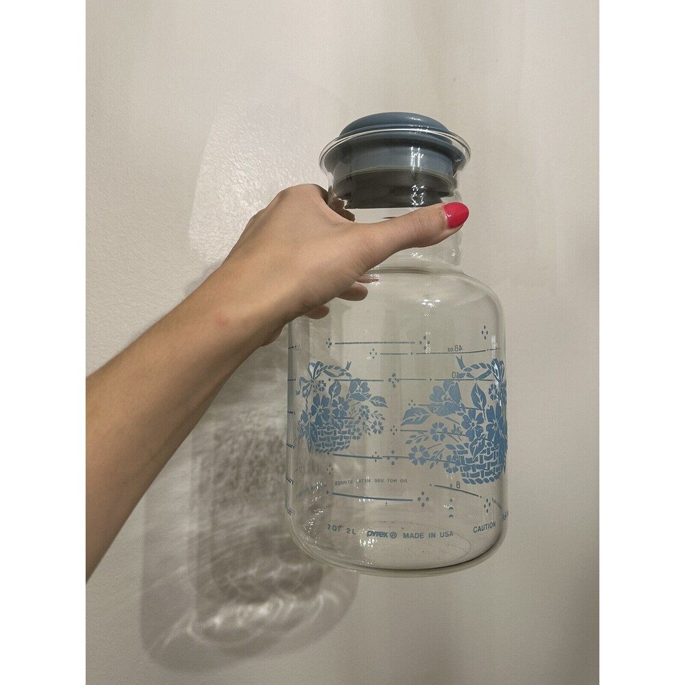 Vtg Pyrex Carafe Lid Pitcher Cornflower Glass Clear Blue Floral Flowers 2Qt 2L